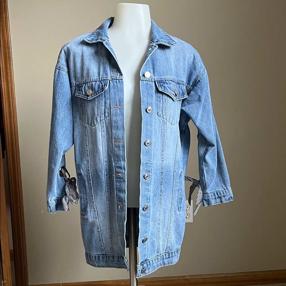 Grommet Gingham Ribbon Jean Jacket - Picture 2 of 6
